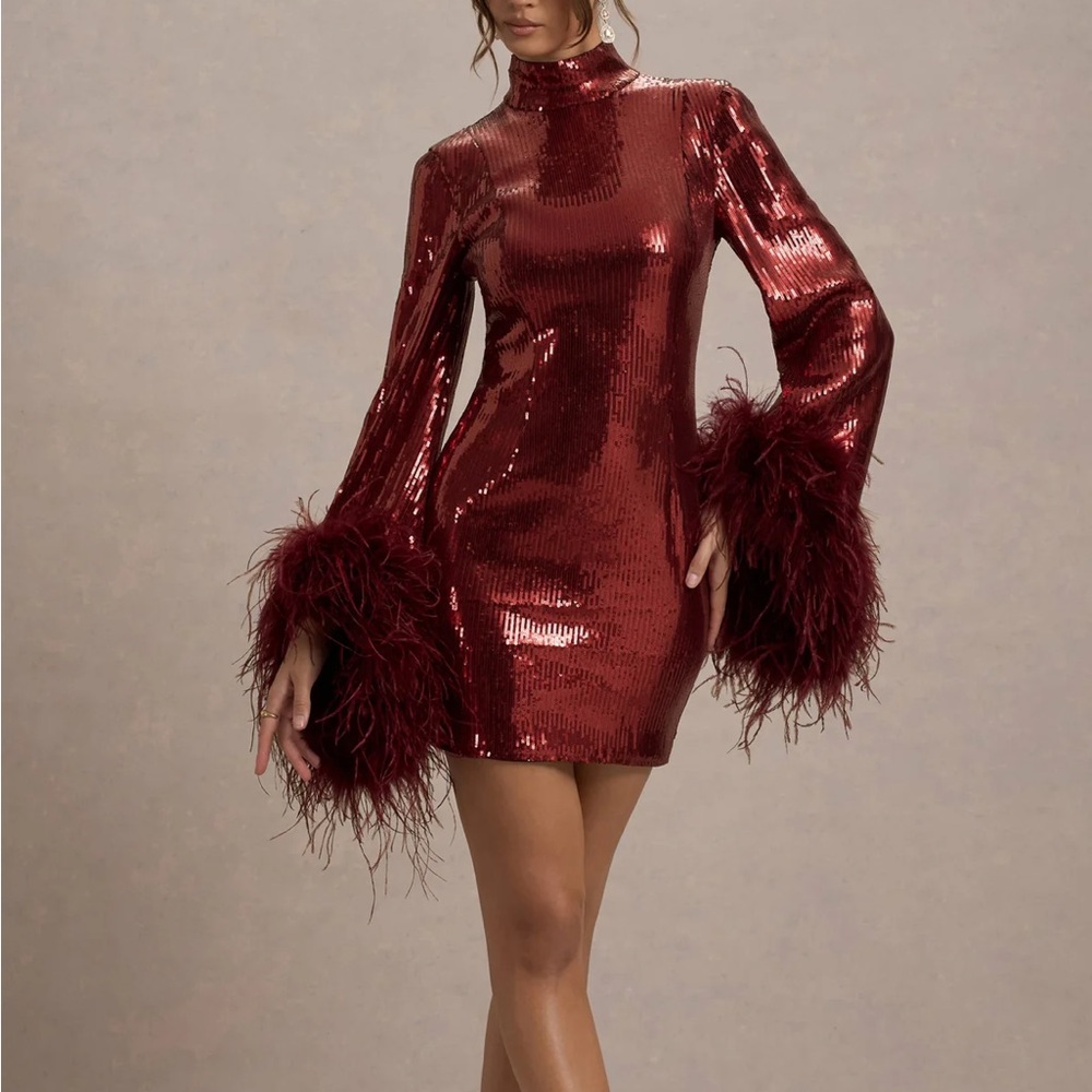 Club L London Red Sequin Long Sleeve Dress